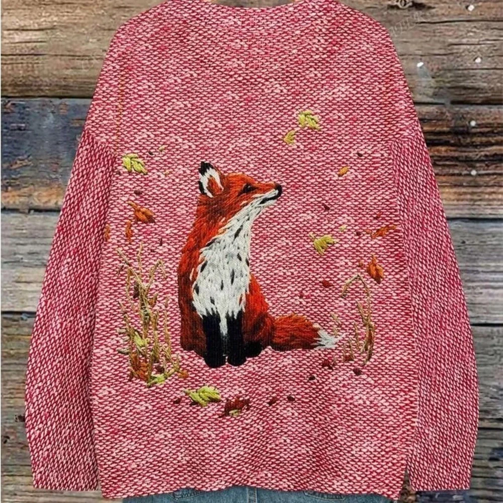 Fox Pattern Loose Pullover Sweater With Faux Embroidery Design - Picture 3 of 3